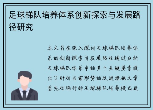 足球梯队培养体系创新探索与发展路径研究