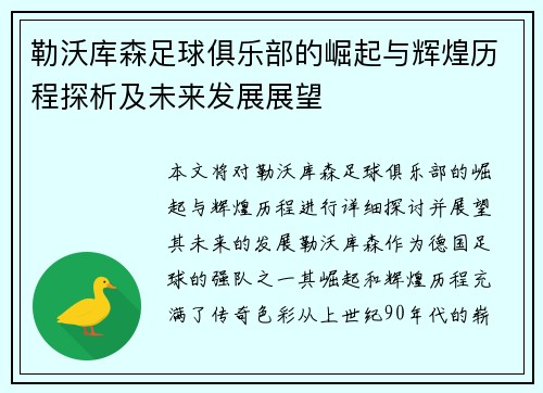 勒沃库森足球俱乐部的崛起与辉煌历程探析及未来发展展望
