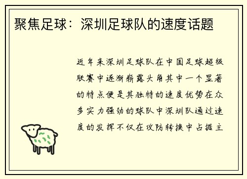 聚焦足球：深圳足球队的速度话题