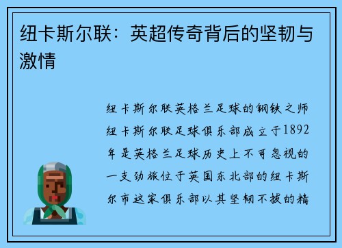 纽卡斯尔联：英超传奇背后的坚韧与激情