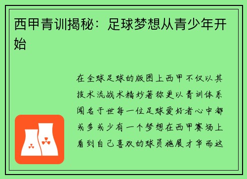 西甲青训揭秘：足球梦想从青少年开始
